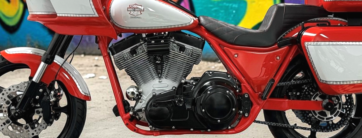 Red and silver custom motorcycle photographed by NAMZ